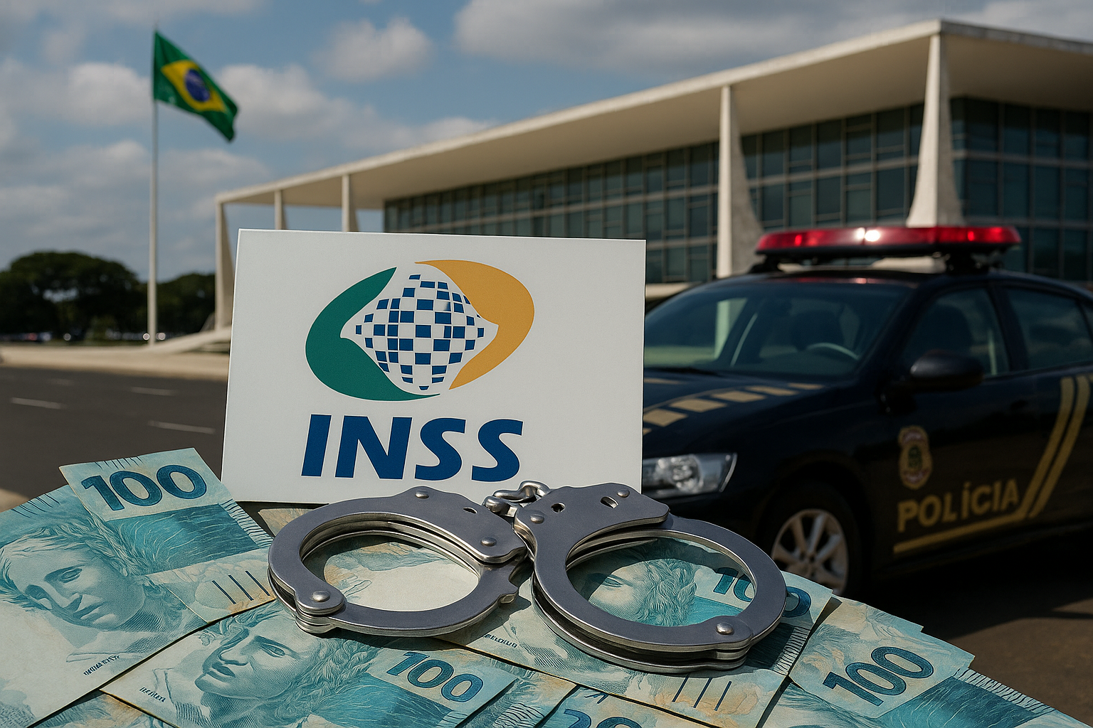Cédulas de 100 reais, algemas, carro da polícia e símbolo do INSS diante do Palácio do Planalto; imagem gerada por IA.