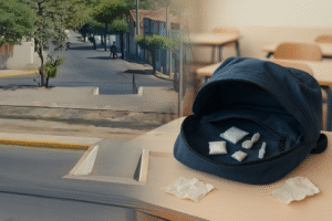 Montagem ilustrativa gerada por inteligência artificial. À esquerda, uma rua em frente a uma escola em Sobral, revitalizada em alta resolução. À direita, uma cena escolar, com uma mochila aberta sobre a mesa mostrando pacotinhos genéricos, em alusão ao conteúdo da notícia.