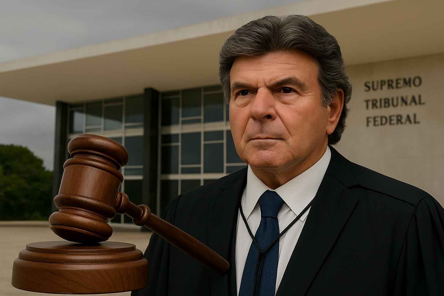Montagem jornalística em IA mostra Luiz Fux de toga ao lado de um martelo, diante da fachada do Supremo Tribunal Federal.