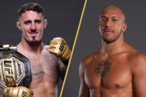 Imagem fotográfica com os dois atletas que se enfrentam amanhã no UFC 321.