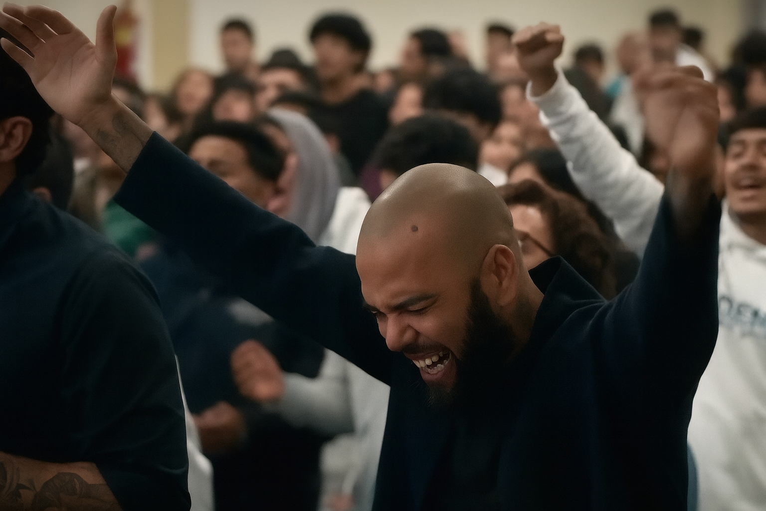Daniel Alves em momento de oração com os braços erguidos dentro de uma igreja evangélica; fotografia real otimizada e com fundo desfocado por inteligência artificial para uso jornalístico.