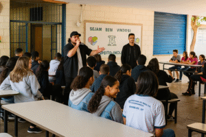 Crianças em sala de convivência escolar acompanham rappers que cantam sobre sonhos e perseverança — imagem criada por inteligência artificial.