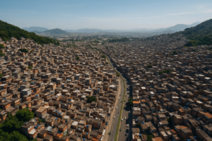 Vista aérea do Complexo do Alemão e do bairro da Penha, no Rio de Janeiro, em um dia claro. Imagem gerada por Inteligência Artificial.