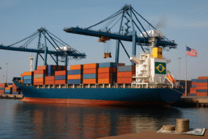 Navio de carga com bandeira do Brasil atracado em porto americano, ao lado da bandeira dos EUA. Imagem gerada por IA.