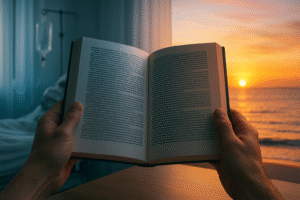Imagem conceitual gerada por inteligência artificial mostra mãos segurando um livro aberto entre um ambiente hospitalar e um pôr do sol à beira-mar.
