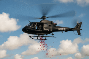 Imagem gerada por inteligência artificial mostrando um helicóptero preto do BOPE lançando pétalas de rosa durante um voo em céu parcialmente nublado.