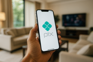 Imagem gerada por inteligência artificial mostrando uma mão segurando um smartphone moderno com a tela do PIX aberta, em ambiente residencial de alto padrão.