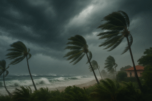 Furacão Melissa se aproximando da costa da Jamaica, com palmeiras curvadas pelo vento e mar revolto, imagem gerada por inteligência artificial para fins jornalísticos.