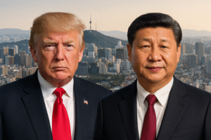 Imagem gerada por Inteligência Artificial mostra Donald Trump e Xi Jinping diante da cidade de Seul, simbolizando reunião entre Estados Unidos e China.