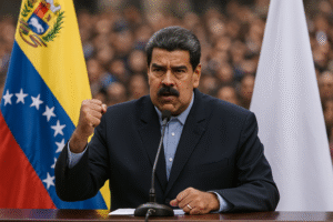 Imagem gerada por inteligência artificial retratando o presidente venezuelano Nicolás Maduro discursando em um púlpito com microfone, expressão firme e enfática, ao lado da bandeira da Venezuela, em ambiente público com multidão desfocada.