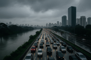 Vista semiaérea da AVM Pinheiros, em São Paulo, com trânsito parado sob chuva intensa e céu cinzento. Imagem gerada por Inteligência Artificial.
