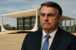 Jair Bolsonaro diante do prédio do Supremo Tribunal Federal, em imagem gerada por inteligência artificial para fins jornalísticos.