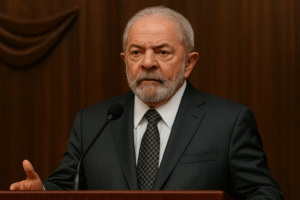 Presidente Luiz Inácio Lula da Silva discursando em púlpito de madeira escura durante coletiva. Imagem gerada por inteligência artificial para fins jornalísticos.