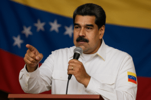 Nicolás Maduro durante discurso, apontando o dedo e segurando microfone sobre púlpito, diante da bandeira da Venezuela. Imagem gerada por inteligência artificial para fins jornalísticos.