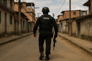 Agente de elite da polícia caminha por rua simples da Penha, no Rio de Janeiro, em ambiente diurno. Imagem gerada por inteligência artificial para fins jornalísticos.