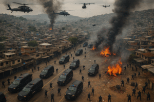 Vista aérea ultra-realista do Complexo do Alemão, no Rio de Janeiro, durante a megaoperação policial contra o Comando Vermelho, com helicópteros, viaturas e barricadas em chamas — imagem gerada por inteligência artificial para fins jornalísticos.