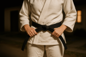 Mulher amarra faixa preta de jiu-jitsu na cintura enquanto veste kimono branco, em frente a uma casa simples à noite, cena gerada por inteligência artificial com fins jornalísticos.