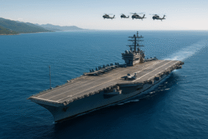 Porta-aviões norte-americano em patrulha próxima à costa da América do Sul, visto de cima, com helicópteros sobrevoando sob céu limpo e mar azul.