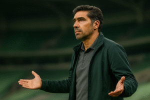 Técnico Abel Ferreira de meio perfil, braços abertos e expressão de inquietação em campo. Imagem gerada por inteligência artificial.