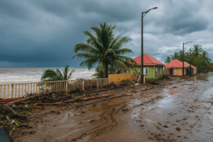 Imagem gerada por Inteligência Artificial inspirada em região litorânea real do Haiti afetada pelo furacão Melissa.