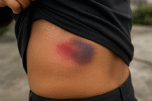 Imagem gerada por inteligência artificial mostrando um policial erguendo a camiseta preta e revelando um hematoma avermelhado e arroxeado no dorso.