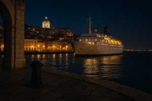 Imagem ultra-realista e fotográfica gerada por inteligência artificial mostra navio de passageiros chegando ao porto de Lisboa à noite.
