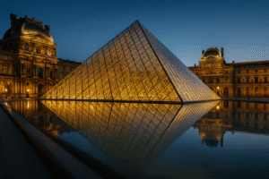 Pirâmide de vidro do Museu do Louvre iluminada ao entardecer, vista de um ângulo lateral — imagem gerada por inteligência artificial para fins jornalísticos.