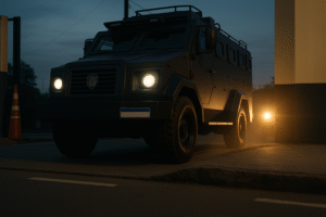 Veículo blindado policial entrando em área urbana durante operação, imagem gerada por inteligência artificial.
