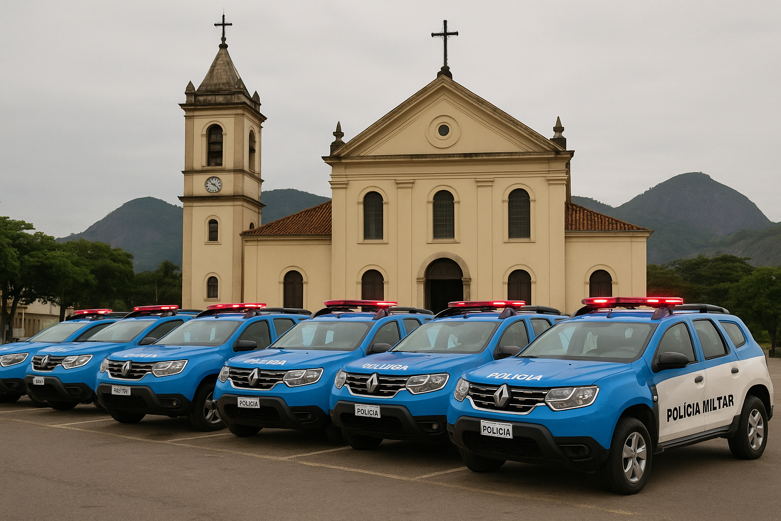 Imagem gerada por inteligência artificial mostrando seis viaturas da Polícia Militar do Rio de Janeiro estacionadas em frente a uma igreja, com montanhas ao fundo. Cena simbólica e de caráter ilustrativo, criada para fins jornalísticos.
