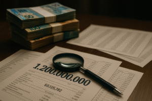 Documentos com números em destaque, lupa e notas de real, em ilustração gerada por IA sobre apuração da CPMI do INSS.