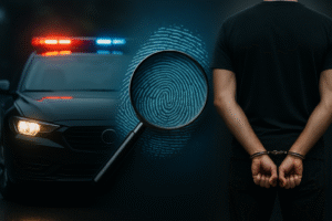 Imagem de conceito jornalístico gerada por IA mostra uma viatura de polícia, uma lupa sobre uma impressão digital e um homem algemado, representando investigação criminal e identificação por DNA.
