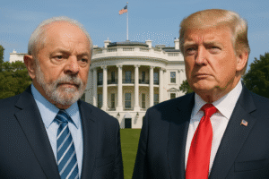 Presidentes Luiz Inácio Lula da Silva e Donald Trump diante da Casa Branca, representados em imagem ultra-realista gerada por inteligência artificial.