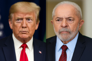 Donald Trump e Luiz Inácio Lula da Silva lado a lado em composição diplomática. Imagem gerada por inteligência artificial.