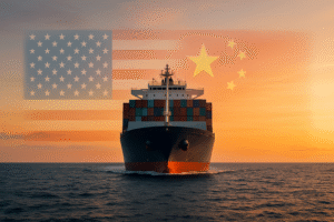Navio de carga em alto-mar ao entardecer com bandeiras dos Estados Unidos e da China projetadas no horizonte. Imagem gerada por inteligência artificial.