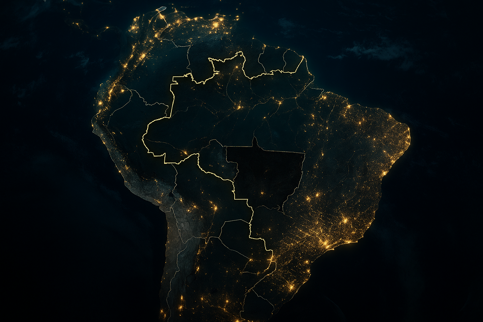 Imagem de satélite do Brasil à noite, com regiões do Sul, Sudeste e Centro-Oeste com pouca iluminação, simbolizando o apagão. Imagem gerada por inteligência artificial.