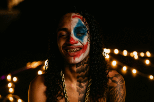 Imagem fotográfica do rapper Oruam com pintura facial artística e colar dourado, usada para fins jornalísticos. Imagem otimizada por inteligência artificial.