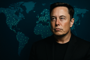 Retrato ilustrado de Elon Musk com expressão de poder diante de um mapa-múndi digital azul com pontos verdes representando conexões globais, imagem gerada por inteligência artificial para fins jornalísticos.