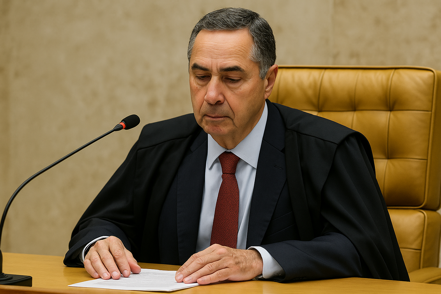 Luís Roberto Barroso durante sessão no Supremo Tribunal Federal, com toga e microfone à frente — imagem gerada por inteligência artificial em estilo fotográfico ultra-realista.