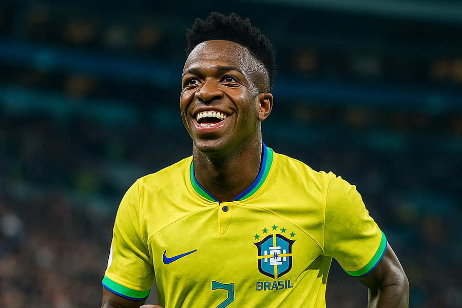 Imagem realista gerada por IA de Vini Jr. com uniforme da Seleção Brasileira comemora no gramado de estádio.