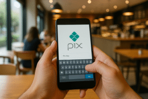 Pessoa segura smartphone com tela do PIX aberta em cafeteria de alto padrão — imagem gerada por inteligência artificial.
