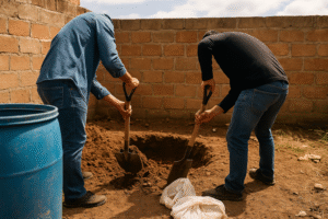 Duas pessoas cavando um buraco em quintal de terra com parede de tijolos ao fundo, imagem gerada por inteligência artificial.