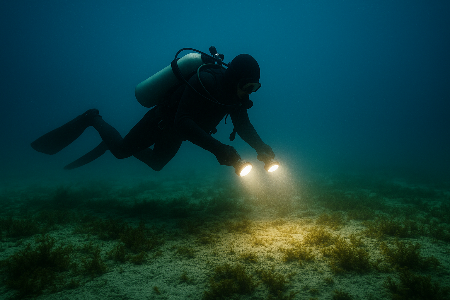 Imagem ilustrativa gerada por inteligência artificial mostrando mergulhador com traje preto e lanternas inspecionando o fundo do mar próximo à região antártica.
