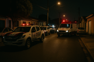 Rua residencial à noite em Ribeirão Preto com viaturas da Polícia Militar e ambulância do SAMU estacionadas. Imagem ilustrativa gerada por inteligência artificial.