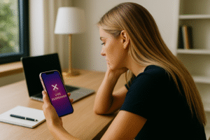 Cliente de marca de e-commerce observa live suspensa em smartphone sobre mesa de home office — imagem gerada por inteligência artificial.