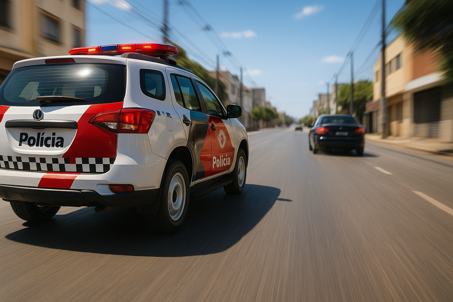 Viatura policial em alta velocidade persegue carro em rua urbana durante o dia, imagem gerada por inteligência artificial.