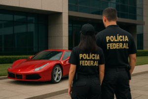 Dois agentes da Polícia Federal de costas observam um carro esportivo vermelho em frente a um prédio corporativo moderno, imagem gerada por inteligência artificial.
