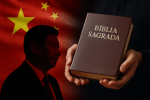 Bandeira da China e mãos segurando uma Bíblia Sagrada em contraste simbólico — imagem gerada por inteligência artificial.