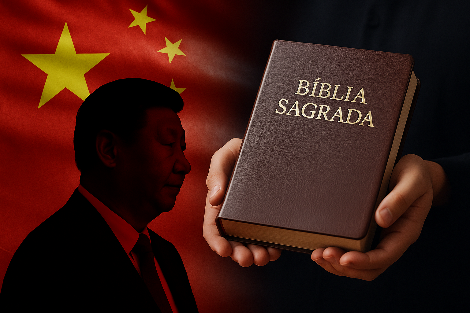 Bandeira da China e mãos segurando uma Bíblia Sagrada em contraste simbólico — imagem gerada por inteligência artificial.