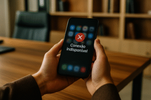 Pessoa segurando um smartphone com a mensagem “Conexão indisponível” sobre uma mesa de escritório de advocacia moderna. Imagem gerada por inteligência artificial.