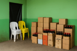 Imagem ilustrativa gerada por inteligência artificial mostrando depósito simples com paredes verdes, caixas de bebidas empilhadas e cadeiras plásticas ao lado de uma porta coberta por lona preta.